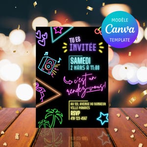 Carton d'invitation PARTY NEON personnalisable dans Canva pour les anniversaires ou tout autre événement