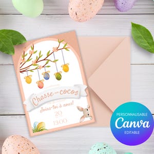 Carton d'invitation pour la chasse aux œufs de Pâques personnalisable facilement sur Canva, disponible en Français et en Anglais