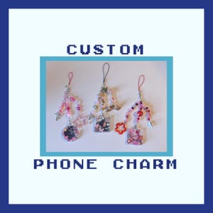 May include: Three custom phone charms featuring pink, red, and clear beads, star-shaped accents, and small square or circular frames containing photographic inserts. Each charm includes a thin cord loop for attachment to a mobile device.
