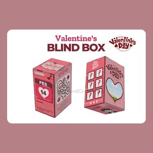 May include: Two pink Valentine's Day blind boxes. One box has a calendar with the date February 14th and a maze. The other box has a heart with a window and question marks.