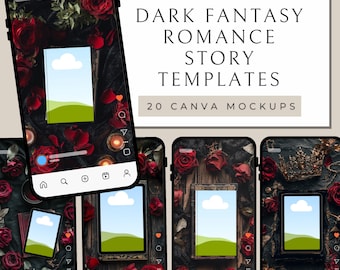 Puede incluir: Maqueta de smartphone que muestra una plantilla de historia de romance de fantasía oscura, rodeada de rosas rojas y velas. El texto de la imagen dice: "INSTAGRAM 9:16 ASPECT RATIO DARK FANTASY ROMANCE STORY TEMPLATES 20 CANVA MOCKUPS."