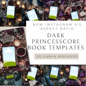 May include: 20 Canva book cover mockups in a dark princesscore aesthetic. The mockups feature a book cover with a sky and grass design, surrounded by candles, flowers, and other decorative elements.