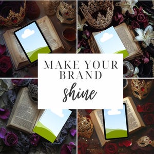 May include: A collage of four images featuring open books, tablets, and gold crowns. The text "MAKE YOUR BRAND shine" is superimposed on the images. The images are set against a backdrop of red and white flowers, lace, and gold glitter.