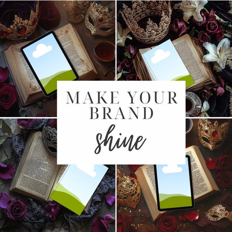 May include: A collage of four images featuring open books, tablets, and gold crowns. The text "MAKE YOUR BRAND shine" is superimposed on the images. The images are set against a backdrop of red and white flowers, lace, and gold glitter.