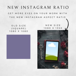 Op de afbeelding: Afbeelding met een vergelijking van Instagram-beeldverhoudingen. Tekst luidt "NIEUWE INSTAGRAM VERHOUDING" en "KRIJG MEER OGEN OP JE WERK MET DE NIEUWE INSTAGRAM BEELDVERHOUDING." De oude maat is vierkant, 1080 x 1080, en de nieuwe maat is 1080 x 1350.