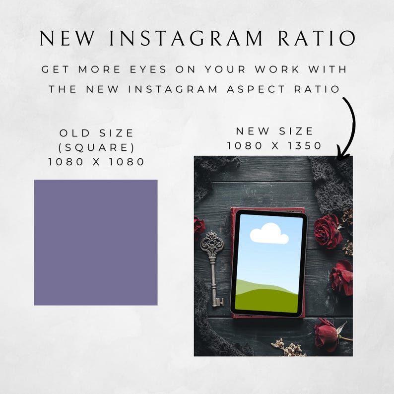 Op de afbeelding: Afbeelding met een vergelijking van Instagram-beeldverhoudingen. Tekst luidt "NIEUWE INSTAGRAM VERHOUDING" en "KRIJG MEER OGEN OP JE WERK MET DE NIEUWE INSTAGRAM BEELDVERHOUDING." De oude maat is vierkant, 1080 x 1080, en de nieuwe maat is 1080 x 1350.