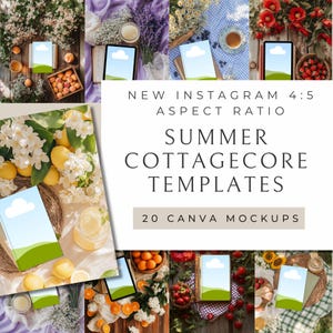 May include: 20 Canva mockups for Instagram in a 4:5 aspect ratio. The mockups feature a summer cottagecore theme with images of lemons, flowers, strawberries, and sunflowers. The mockups are perfect for promoting your products or services on social media.