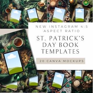 May include: Twenty Canva mockups for St. Patrick's Day book templates. The mockups feature a green, gold, and brown color scheme with shamrocks, coins, and other St. Patrick's Day imagery. The mockups are in a 4:5 aspect ratio.
