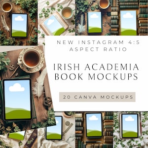 Op de afbeelding: Een collage van mockups met tablets en boeken met een Irish Academia-thema. De tablets tonen een lucht en een groen landschap. De tekst luidt "NEW INSTAGRAM 4:5 ASPECT RATIO" en "IRISH ACADEMIA BOOK MOCKUPS".
