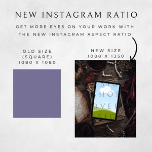 May include: A graphic showing the new Instagram aspect ratio, 1080 x 1350 pixels, compared to the old square ratio, 1080 x 1080 pixels. The new ratio is shown with a tablet displaying a graphic of a cloud and a green hill with the text "Design Shop Over Design".