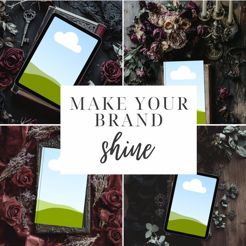 Op de afbeelding: Een collage met digitale tablets en een spiegel met lege schermen, omringd door rozen, antieke boeken en decoratieve elementen. De tekst "MAKE YOUR BRAND shine" staat in het midden.