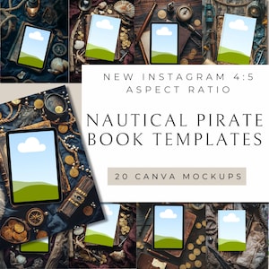 May include: 20 Canva mockups for book covers with a nautical pirate theme. The mockups feature a variety of textures and objects, including rope, wood, and coins. The book covers are in a 4:5 aspect ratio, which is perfect for Instagram.