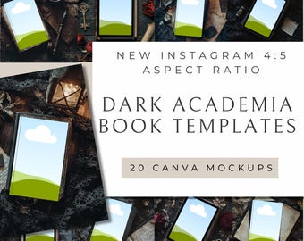 Puede incluir: 20 maquetas Canva para portadas de libros en una estética dark academia. Las maquetas presentan una variedad de fondos oscuros con libros, velas y otros objetos. Las portadas de libros están todas en una proporción de 4:5 y presentan un diseño simple con una nube y un campo verde.