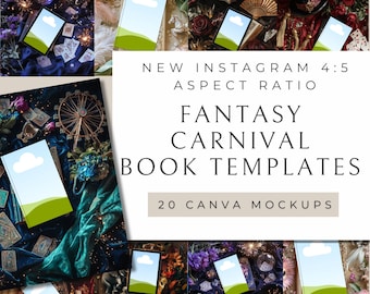 May include: 20 Canva mockups for book covers featuring a fantasy carnival theme. The mockups show a variety of backgrounds, including a Ferris wheel, playing cards, and a velvet curtain. The book covers are in a 4:5 aspect ratio.