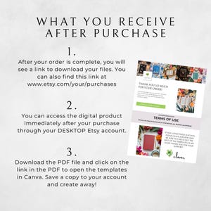 May include: A digital download graphic with the text "What You Receive After Purchase" and three numbered steps for accessing digital products after purchase. The steps include downloading a PDF file, accessing the digital product through a desktop Etsy account, and opening the templates in Canva. The graphic also includes a thank you message and terms of use.