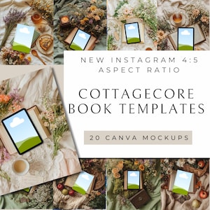 Op de afbeelding: 20 Cottagecore-boektemplates voor Canva. Deze digitale mockups tonen een boekomslag op een tabletscherm met een rustieke, bloemrijke achtergrond. De tekst "NEW INSTAGRAM 4:5 ASPECT RATIO" en "COTTAGE CORE BOOK TEMPLATES" wordt op de afbeelding weergegeven.