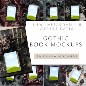May include: A collection of Gothic book mockups with a 4:5 aspect ratio, displayed on various dark, textured backgrounds. The image features books and tablets with a sky and grass design on the cover, surrounded by roses, candles, and decorative elements. The text reads "Gothic Book Mockups".