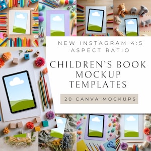 Könnte beinhalten: Kinderbuch-Mockups mit Tablets, die eine Landschaftsszene zeigen, umgeben von farbigen Bleistiften, Spielzeug und Blumen. Der Text lautet "NEW INSTAGRAM 4:5 ASPECT RATIO CHILDREN'S BOOK MOCKUP TEMPLATES 20 CANVA MOCKUPS."