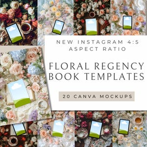 Floral Regency Bookstagram Flatlay | 20 szablonów dla Canva | Historyczna fikcja | Klasyczna literatura | Poezja | Makiety tabletów Kindle dla autorów