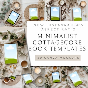 Puede incluir: 20 maquetas Canva para plantillas de libros en estética cottagecore. Las maquetas presentan una variedad de fondos, incluyendo madera, tela y plantas. Las portadas de los libros son todas blancas con un diseño simple, y el texto en las portadas está en una fuente minimalista. El texto en la imagen dice "New Instagram 4:5 Aspect Ratio Minimalist Cottagecore Book Templates 20 Canva Mockups".