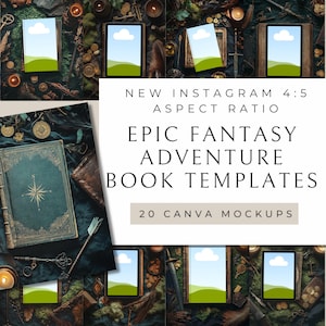 Op de afbeelding: Een bovenaanzicht met fantasy-boektemplates met rekwisieten zoals kaarsen, sleutels en een zwaard. De afbeelding bevat boeken en tablets. De tekst luidt: "NEW INSTAGRAM 4:5 ASPECT RATIO EPIC FANTASY ADVENTURE BOOK TEMPLATES 20 CANVA MOCKUPS."