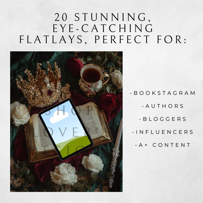 May include: A flat lay featuring a tablet with a cloud and hills design, a book, a crown, a teacup, and roses on a green background. The text "SHOP LOVE" is visible on the tablet.