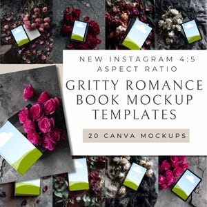 May include: A collection of book mockup templates with a gritty romance theme. The image features several mockups with digital screens, surrounded by roses and other floral arrangements. Text on the image reads "Gritty Romance Book Mockup Templates."