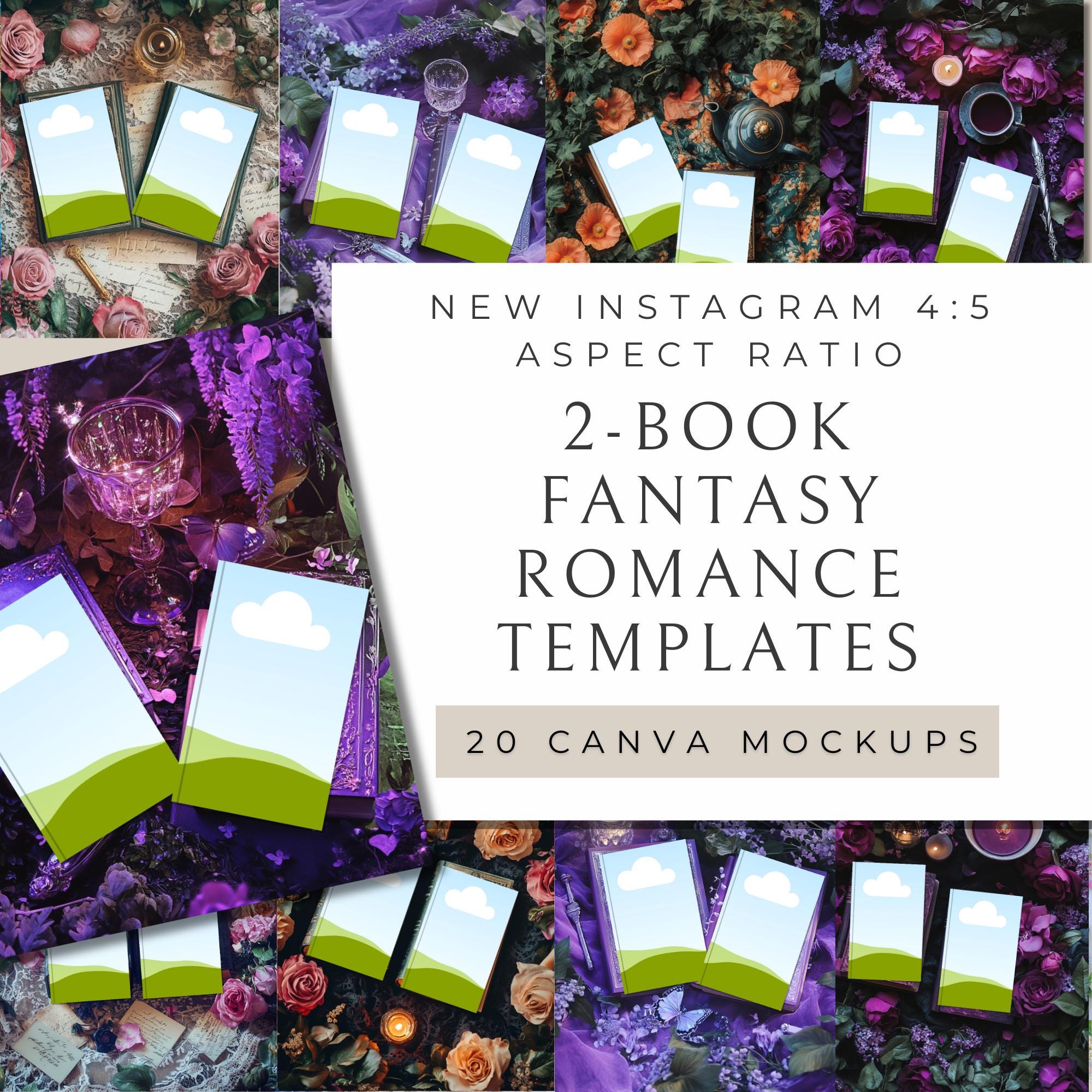 2-Book Fantasy Romance Bookstagram Flatlay | 20 Templates for Canva | Romantasy | Fantasy Adventure | Kindle and Tablet Mockups for Authors