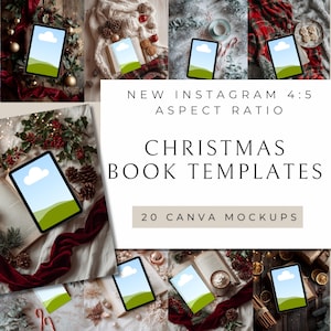 May include: A collection of tablet mockups with a festive Christmas theme. Each tablet shows a blue sky and green hill graphic. The text reads "NEW INSTAGRAM 4:5 ASPECT RATIO" and "CHRISTMAS BOOK TEMPLATES".