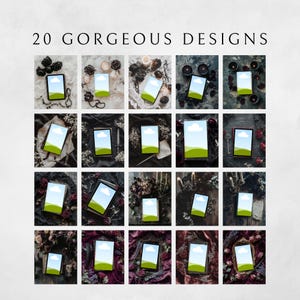 Op de afbeelding: Een afbeelding met 20 digitale ontwerpen, elk weergegeven op een tablet met een groen landschap en een blauwe lucht met een wolk. De tekst "20 GORGEOUS DESIGNS" staat bovenaan. De tablets zijn geplaatst op diverse getextureerde achtergronden met bloemen en decoratieve elementen.