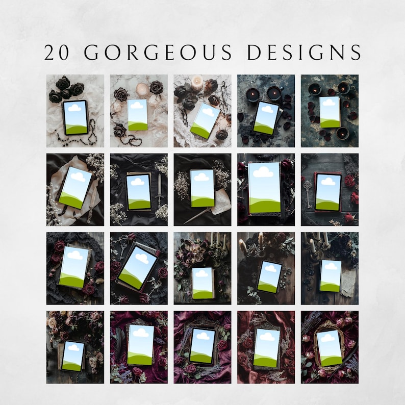 Op de afbeelding: Een afbeelding met 20 digitale ontwerpen, elk weergegeven op een tablet met een groen landschap en een blauwe lucht met een wolk. De tekst "20 GORGEOUS DESIGNS" staat bovenaan. De tablets zijn geplaatst op diverse getextureerde achtergronden met bloemen en decoratieve elementen.