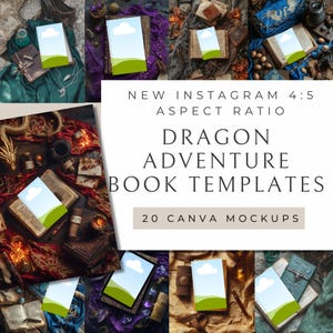 May include: A composite image featuring multiple mockups of books with a sky and grass design on the cover. The text reads "Dragon Adventure Book Templates" and "20 Canva Mockups". The image is set in a 4:5 aspect ratio.
