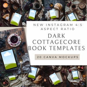 Puede incluir: 20 maquetas Canva para portadas de libros en una estética cottagecore oscura. Las maquetas presentan una variedad de fondos rústicos, incluyendo mesas de madera, velas y flores. Las portadas de libros se muestran en tabletas y teléfonos, y presentan un diseño simple con una nube y una colina verde.