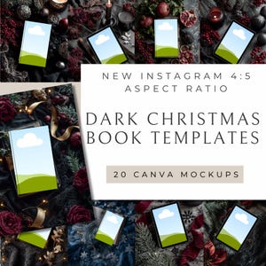 Può includere: Un collage di mockup di libri digitali con un design di cielo blu e paesaggio verde. Il testo recita "New Instagram 4:5 Aspect Ratio" e "Dark Christmas Book Templates" con "20 Canva Mockups" sotto.