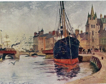 Antique ship print by J Ayton Symington, masted ship in harbour at Leith, Edinburgh, for framing.