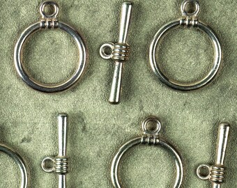 5 sets of round silver tone toggle clasps for necklaces or bracelets, cast clasps, ready to ship.