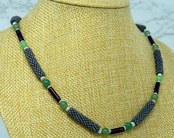 Mauve, green, and silver beaded necklace, classic style, Sterling silver hook clasp.