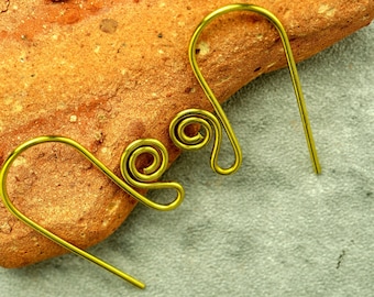 Brass French hook ear wires, small spiral, fish hook ear wires, choose your quantity, artisan made to order, fast turnaround.