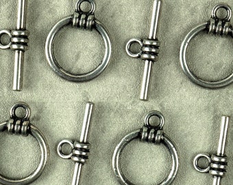 5 sets of round antique silver finish toggle clasps for necklaces or bracelets, cast clasps, ready to ship.