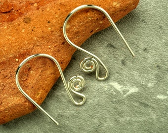 Silver French hook ear wires, small spiral, fish hook ear wires, choose your quantity and material, artisan made to order, fast turnaround.