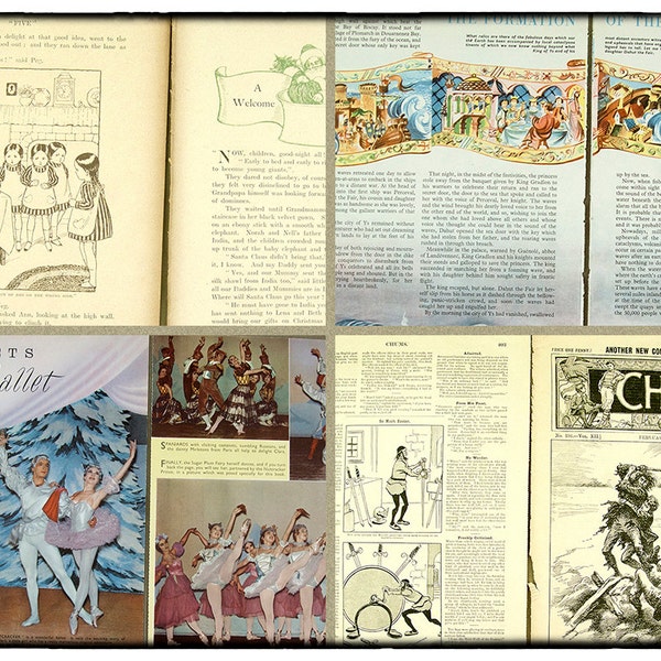 Vintage paper pack 24 old book pages children theme paper from old annuals and comics, art and craft paper, collage pack, decoupage paper.