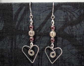 Romantic silver and mauve heart dangle earrings, handcrafted wire heart charm, premium quality glass pearls, perfect Valentine gift.