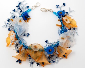 Flower Bracelet,  Blue, Orange And White With Sterling Clasp Artisan Made