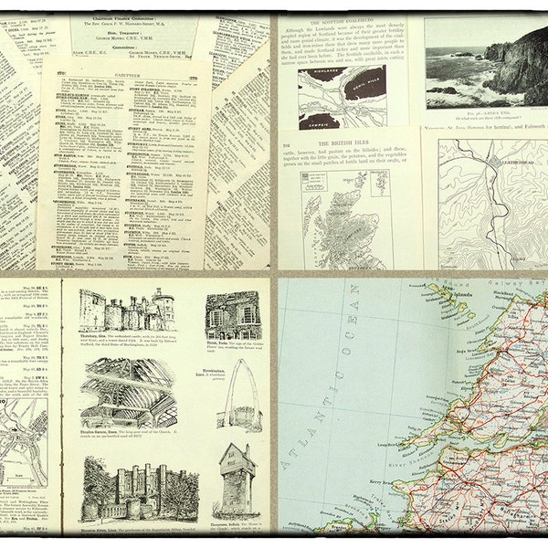 Vintage paper pack, 25 gazetteer pages with old pictures, vintage maps and geography text on the British Isles, art and craft paper.