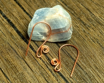 Copper French hook ear wires with small spiral, fish hook ear wires, your choice of quantity, artisan made to order with a fast turnaround.