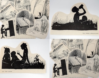 Vintage children's book paper pack, 20 black and white cuttings of silhouettes and drawings.