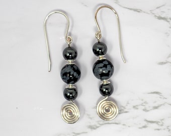 Silver, hematite, and snowflake obsidian spiral dangle earrings, silver, grey and black drop earrings; simple, elegant earrings, gift idea.