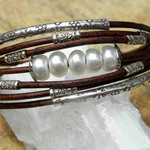 Saltwater Pearls,Leather and Sterling Silver Bracelet image 2