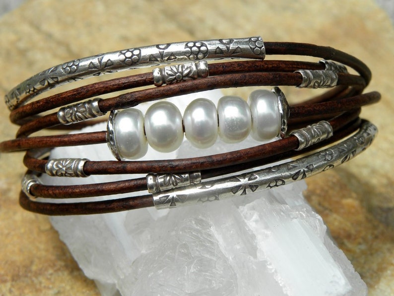 Saltwater Pearls,Leather and Sterling Silver Bracelet image 2