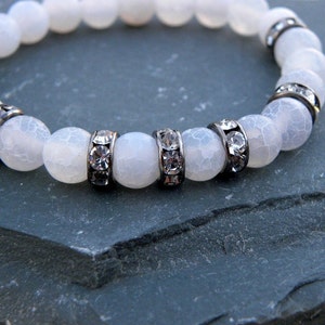 Gemstone Bead Bracelet White Frosted Agate Pave Crystal Elastic Stacking Sterling Silver Black and White image 4